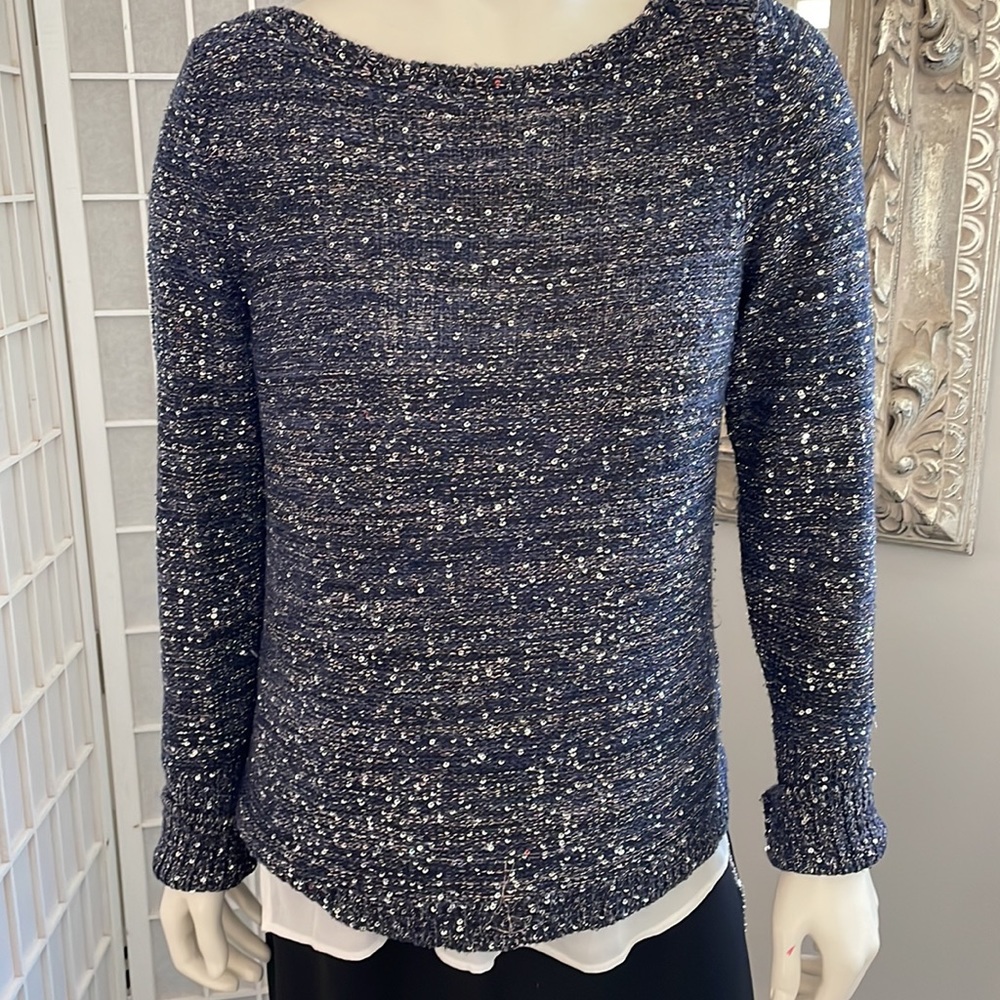 White House Black Market Navy Lined Sequin Sweater Sz SP